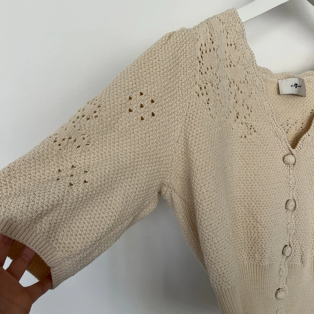 7 For All Mankind | Pointelle Peplum Cardigan / Blouse Women's Cream M - Picture 4 of 7
